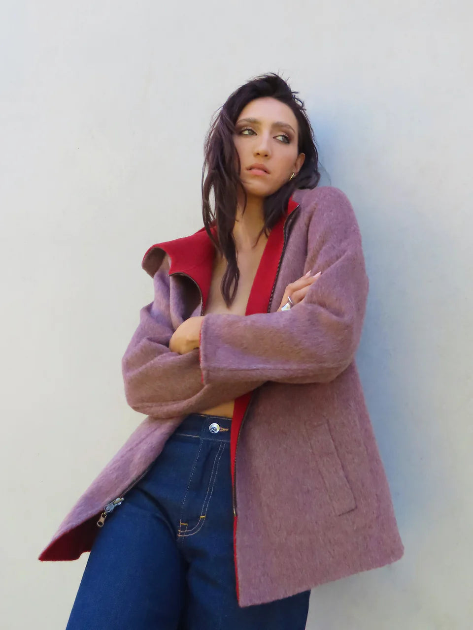 MANTEAU RÉVERSIBLE AVEC CAPUCHE ROUGE ET MOKA