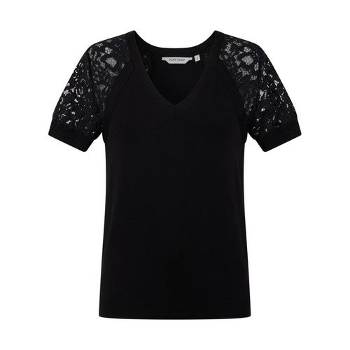 Schwarzer Kurzarmpullover mit Spitze